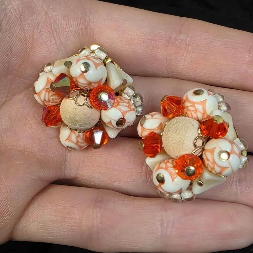 Vintage Orange White Beaded Clip-On Cluster Earrings Floral Retro Mod